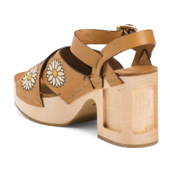 MIU MIU Made In Italy Leather Painted Flowers Wooden Heeled Sandals - Picture 2 of 3